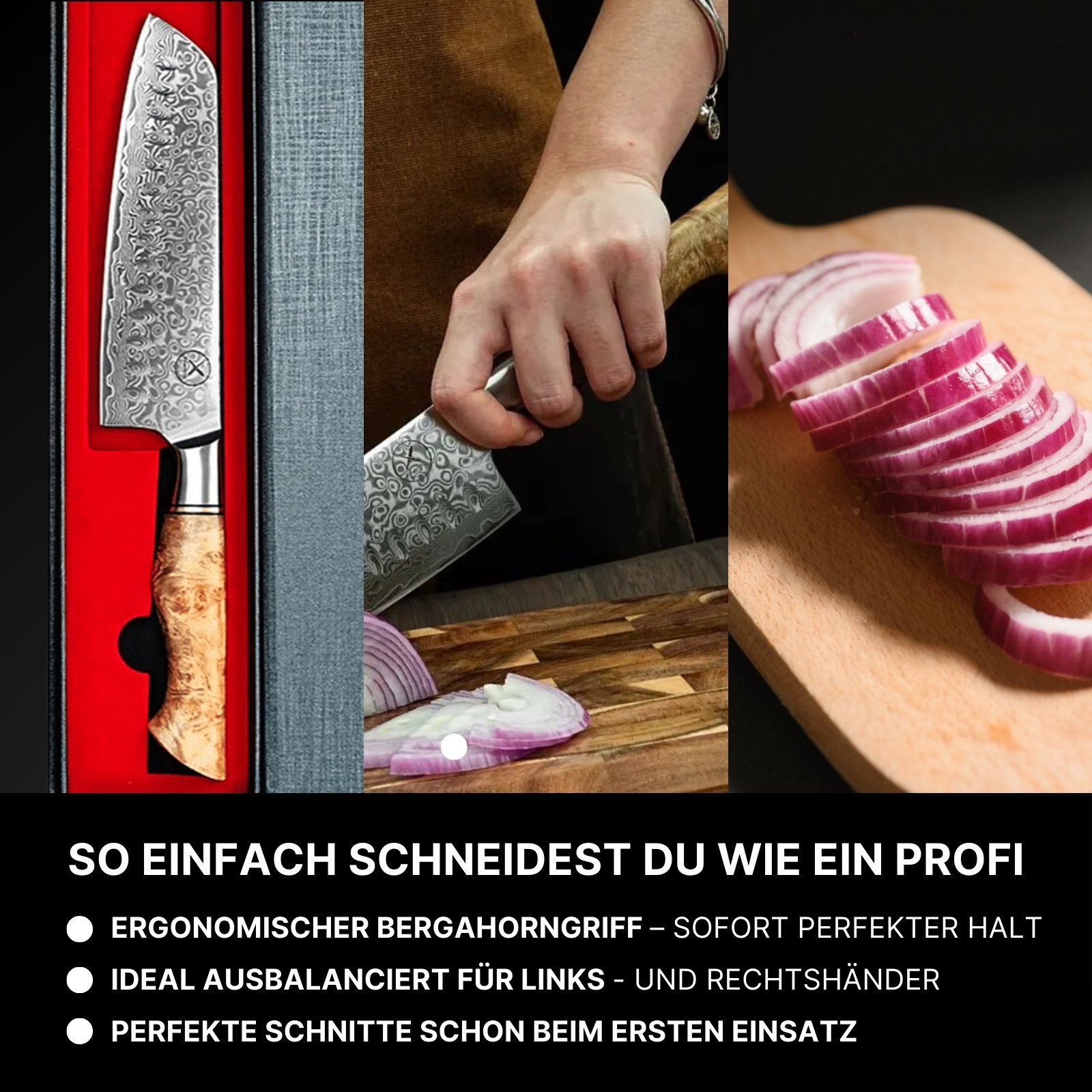 Collage of a knife, hand slicing onion, and sliced onion on a board.
