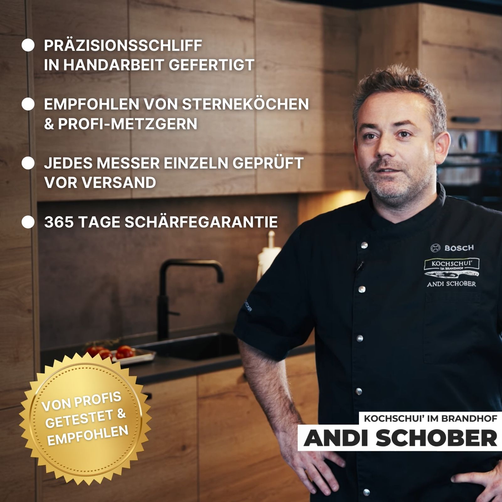Man in a kitchen with text about knife sharpening services.