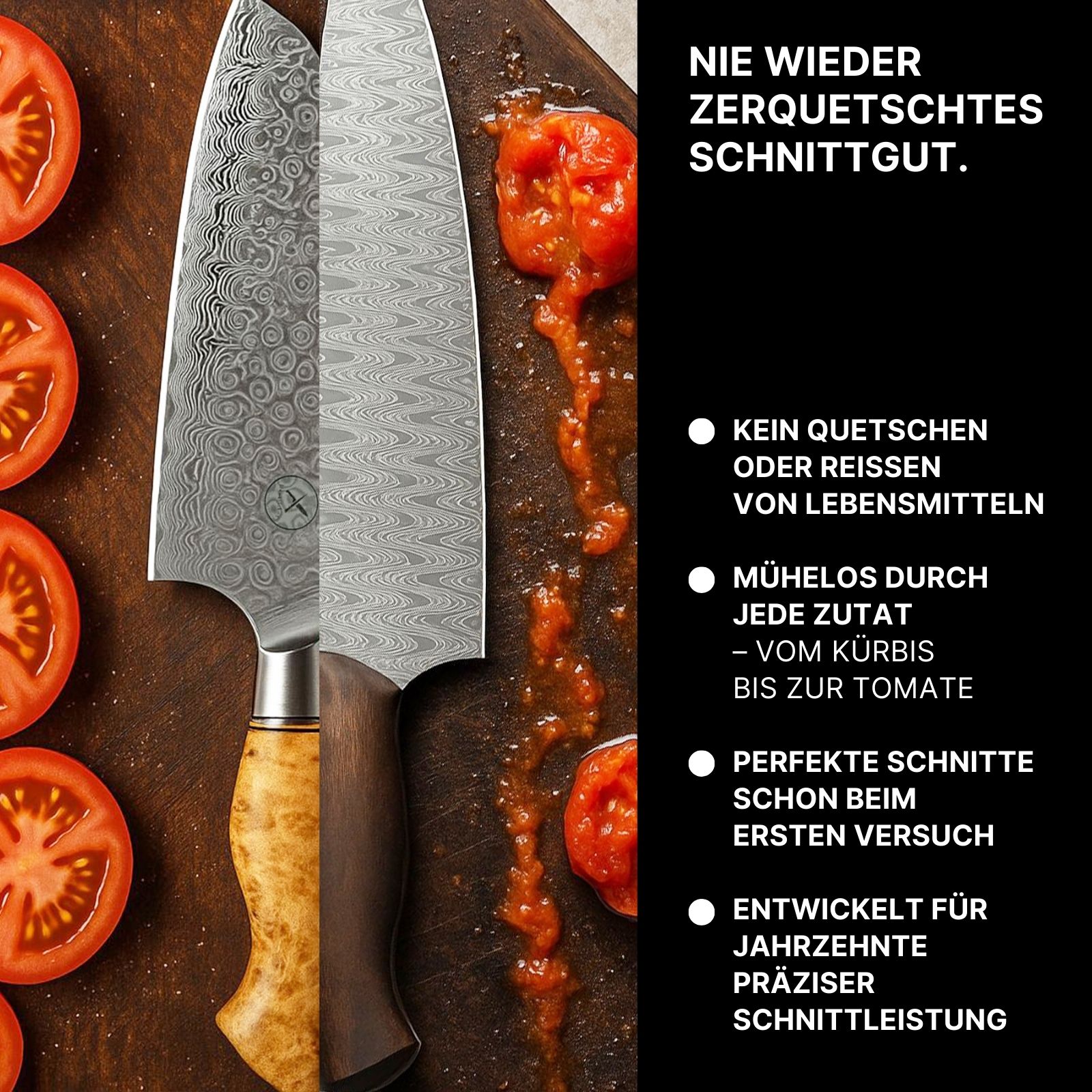 Two knives with tomatoes, text in German about cutting performance.