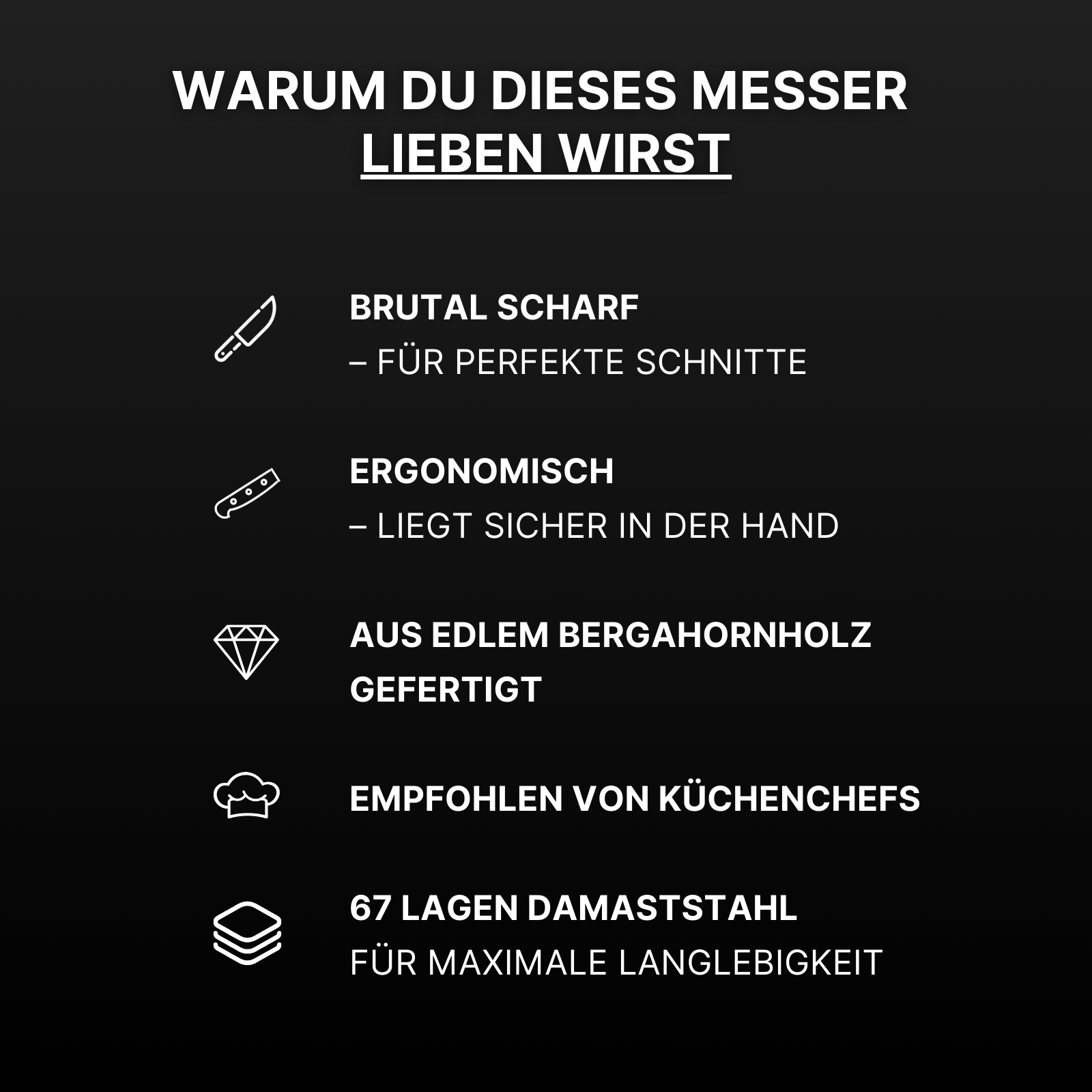 Text in German describing features of a knife with icons.