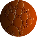 A circular, abstract image of oil-like bubbles in shades of brown and orange.