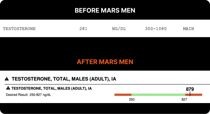 Comparison of testosterone levels before and after a regimen, showing values and ranges.
