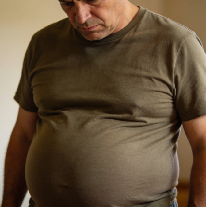 A close-up of a man in an olive green t-shirt looking down.