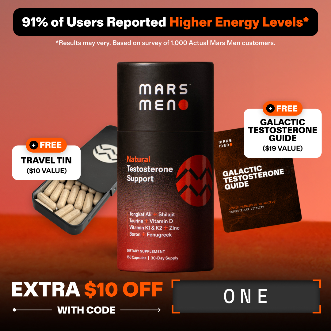 Mars Men supplement kit with travel tin and guide on orange background.