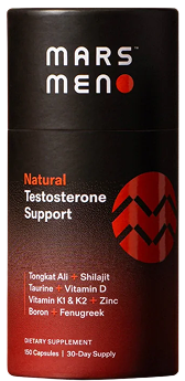 Black and red supplement bottle labeled 'Natural Testosterone Support.'