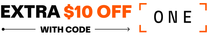 Text promoting $10 off with a code, highlighted in orange.