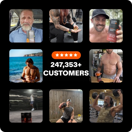 Collage of men with a fitness supplement and customer count.