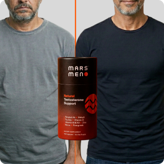 A before-and-after photo of a man with a bottle of Mars Men testosterone support supplement in the middle.