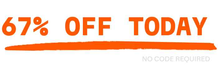Orange text reads '67% OFF TODAY' underlined, with 'NO CODE REQUIRED' in smaller text below.