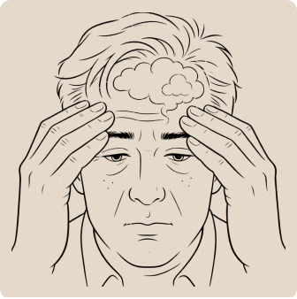A line drawing of a man holding his temples, with a small cloud illustrated on his forehead.