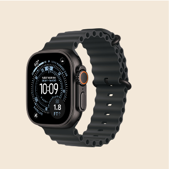 Smartwatch with a black band displaying the time and fitness stats on its screen.