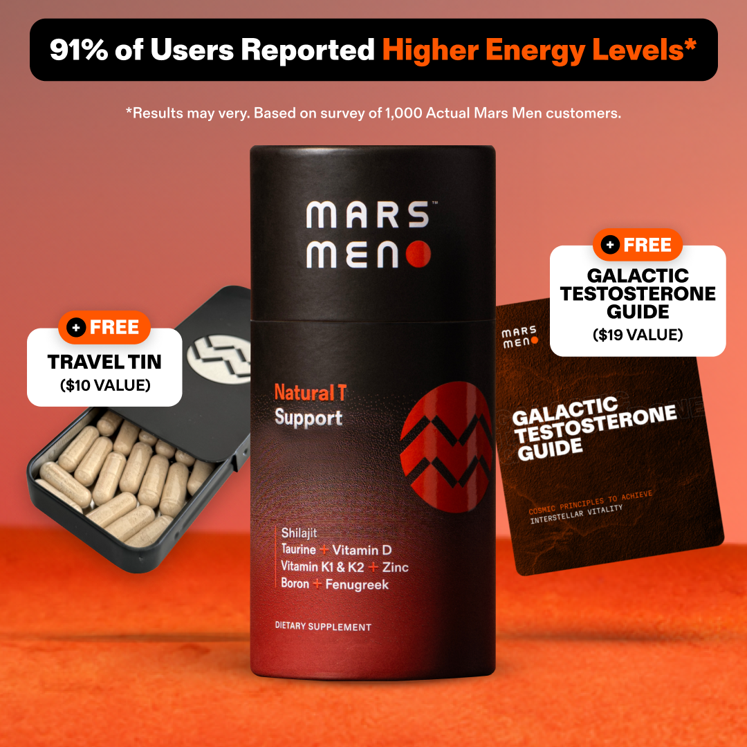 Mars Men supplement with travel tin and guide on orange background.