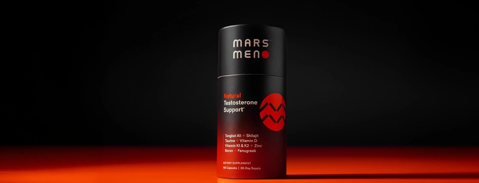 A black and red bottle of Mars Meno Natural Testosterone Support dietary supplement on a reflective surface.