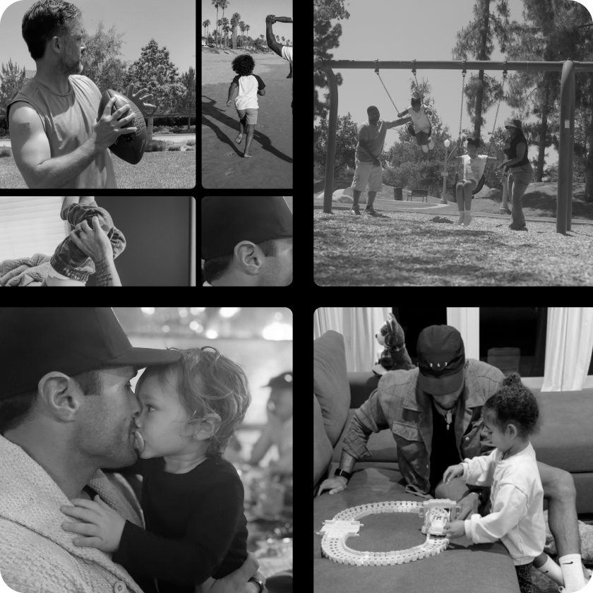 A black and white photo collage of fathers spending quality time with their children.