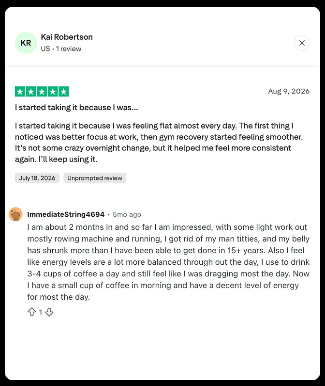 A screenshot of two positive customer reviews, one of which has a five-star rating.