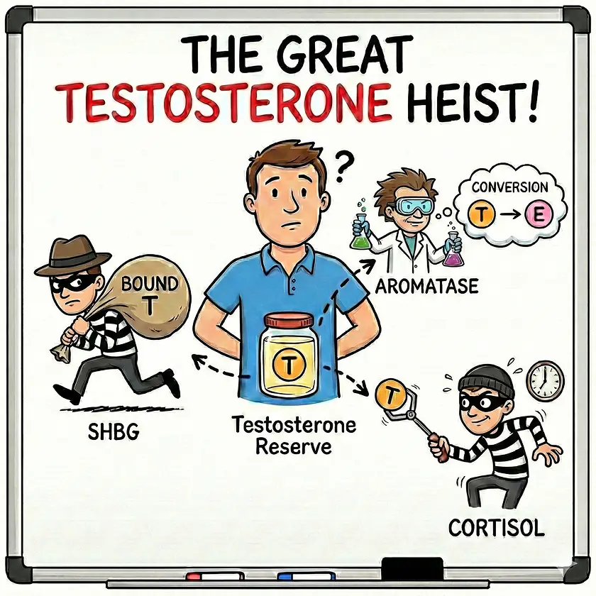 A cartoon infographic titled 'The Great Testosterone Heist!' explaining factors that lower testosterone levels in a man.