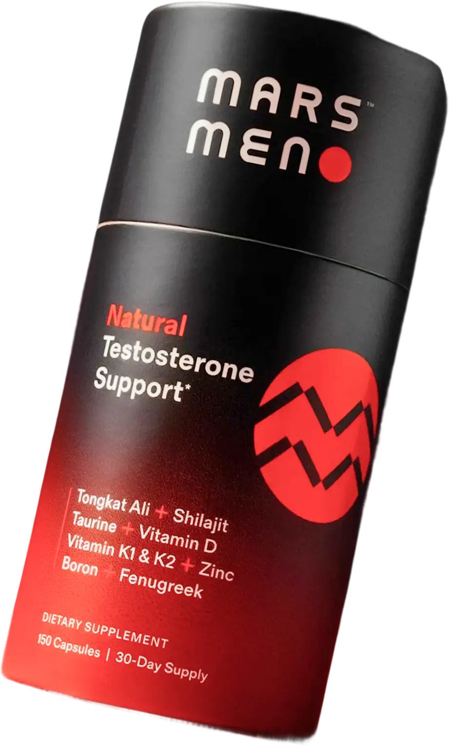 A black and red bottle of Mars Men Natural Testosterone Support dietary supplement against a green background.