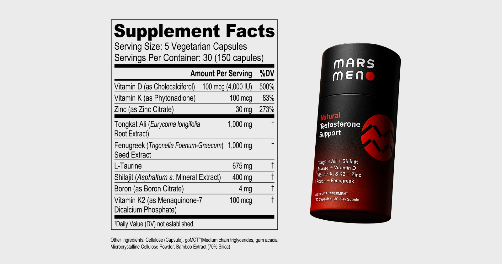 A bottle of MARS MEN Natural Testosterone Support supplement next to its Supplement Facts label.