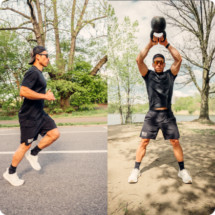 A split image showing a man in black workout clothes jogging and lifting a kettlebell outdoors.
