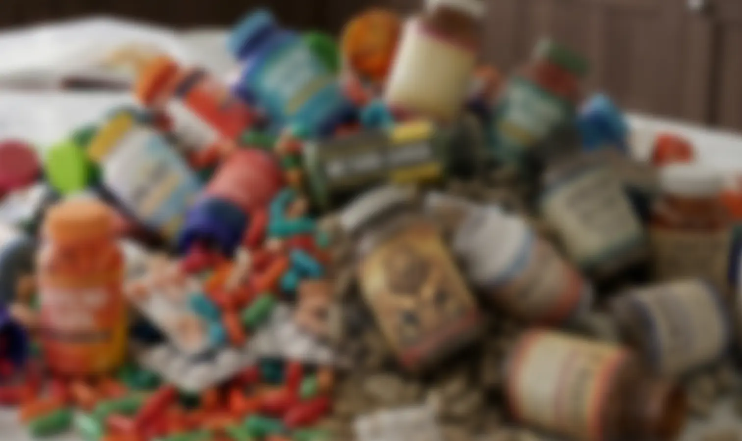 A blurry, out-of-focus photograph of a large pile of various pill bottles and capsules.