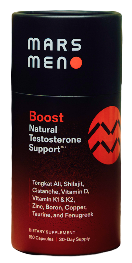 A bottle of Mars Men Boost Natural Testosterone Support, a dietary supplement, against a white background.