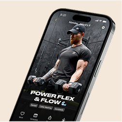 A smartphone displaying a fitness app where a man is lifting dumbbells in a gym.