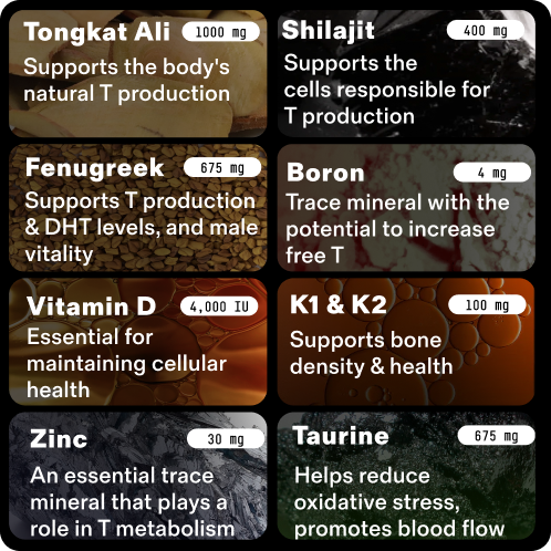 An infographic listing eight supplement ingredients, their dosages, and their health benefits related to T production.