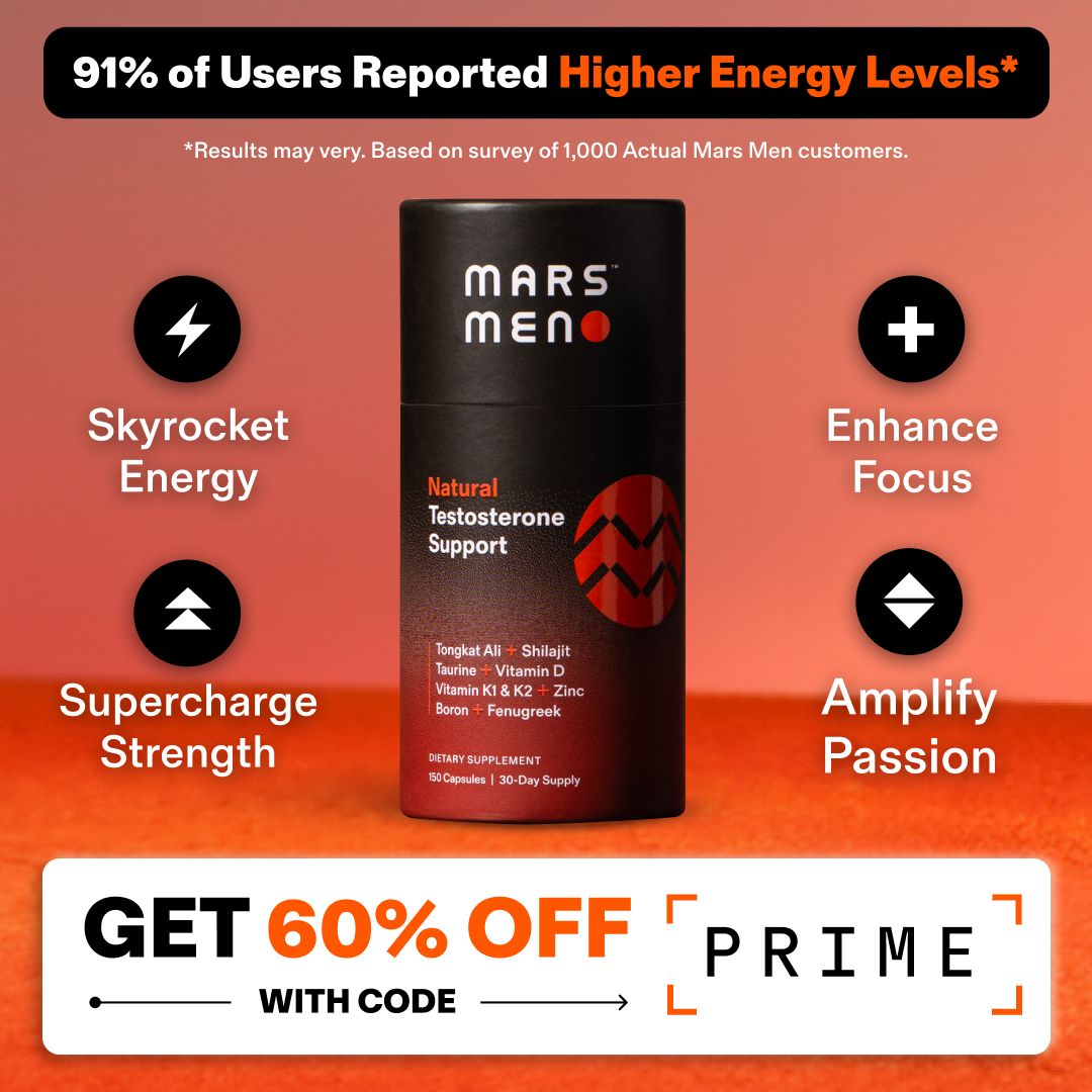 Product advertisement for Mars Men natural testosterone support supplement.