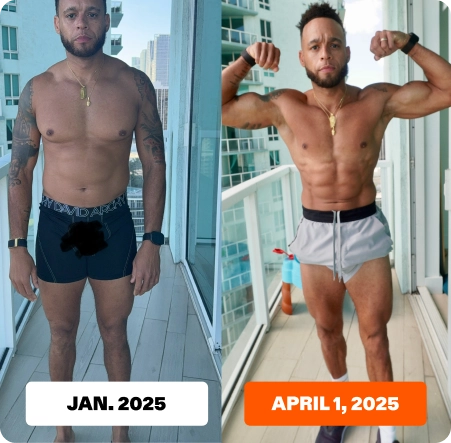Two side-by-side photos showing a fitness transformation from January to April 2025.