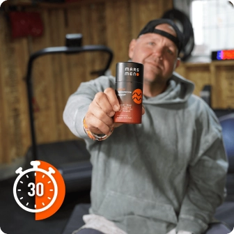 Person in a hoodie holding a 'Mars Memo' product, with a 30-second timer icon.