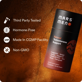A Mars Meno supplement bottle with features listed: third party tested, hormone-free, CGMP facility, non-GMO.