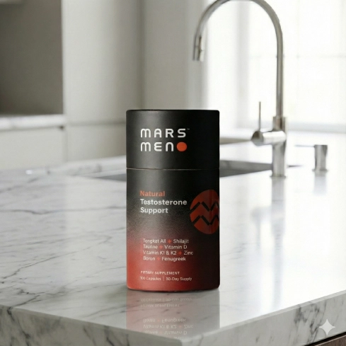 Container of Mars Meno testosterone support on a marble kitchen counter.