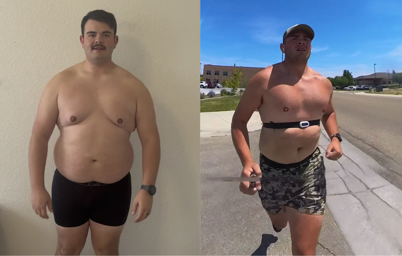 A side-by-side comparison of a man's physique before, and after, where he is seen running outside.