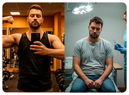 Split image: man flexing in gym, man sitting in doctor's office.