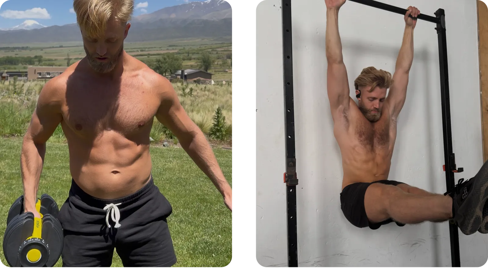 Two images of a shirtless man exercising outdoors and indoors.