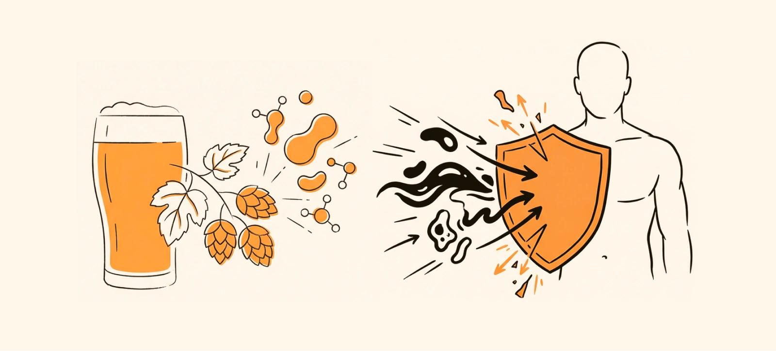 Illustration of beer and hops, and a person holding a shield deflecting abstract threats, symbolizing protection.