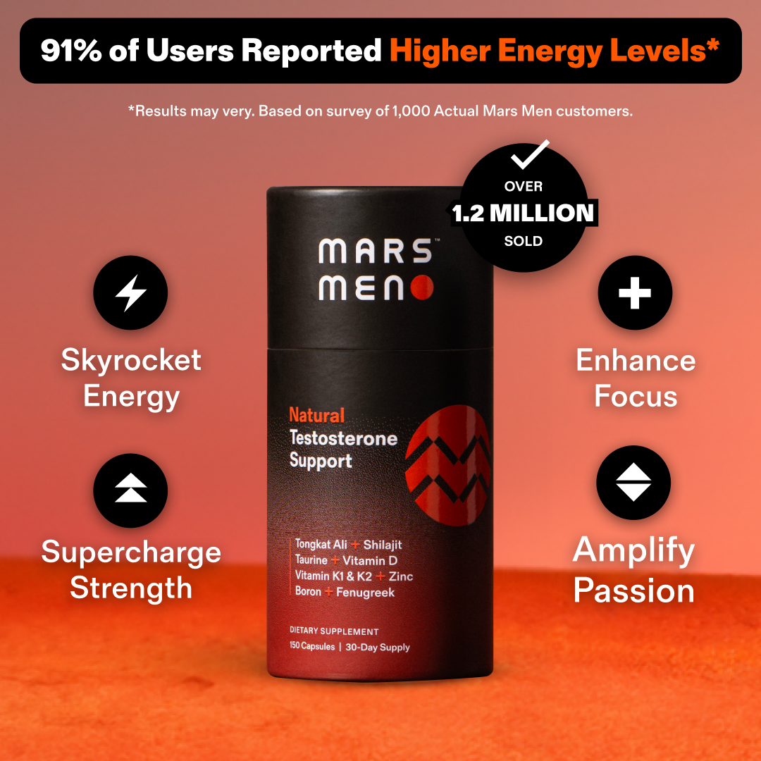 Mars Men natural testosterone support supplement with benefits: energy, strength, focus, passion. Over 1.2 million sold.