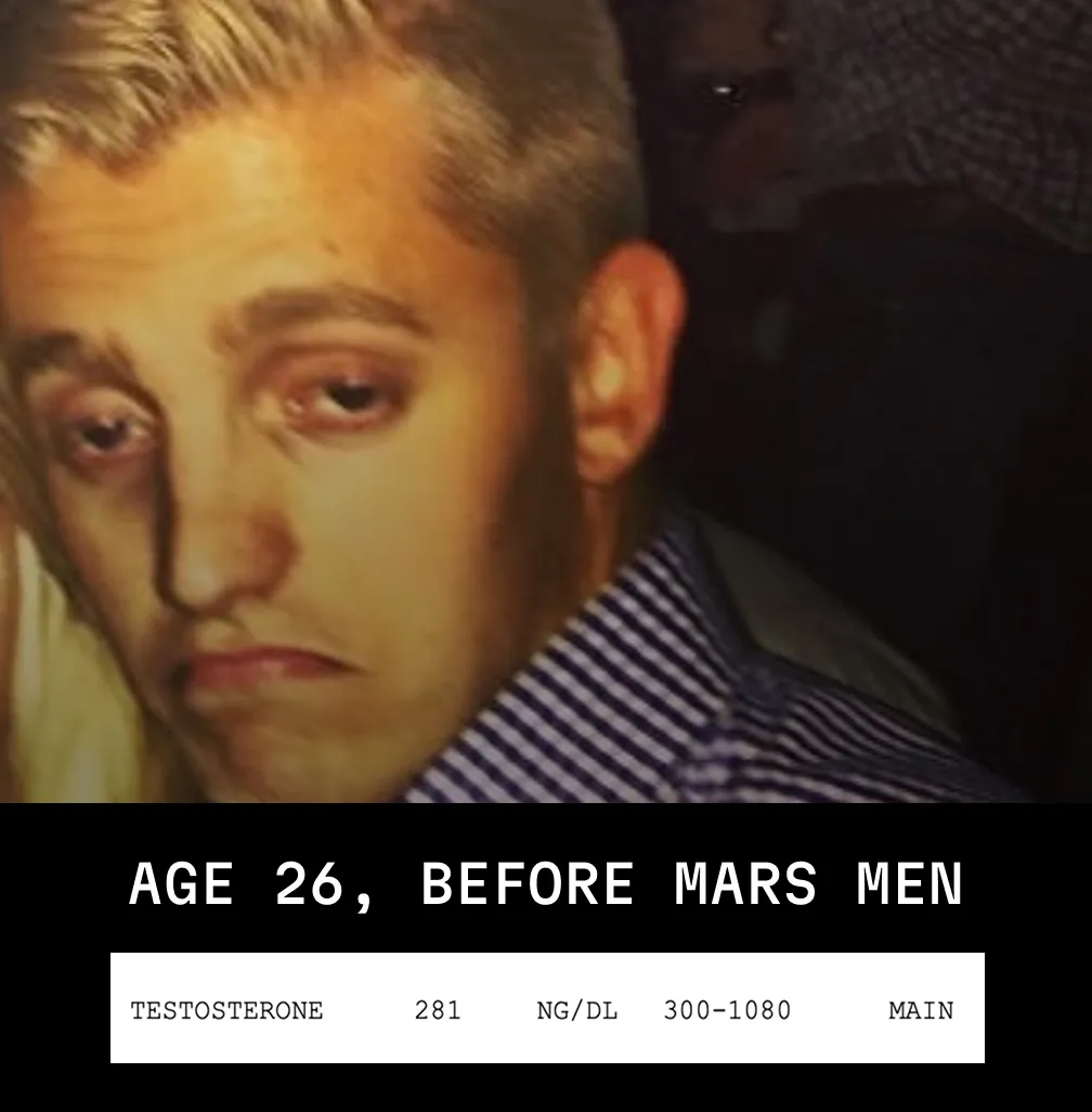 A photo of a man at age 26, with text below showing his testosterone level as 281 ng/dL.