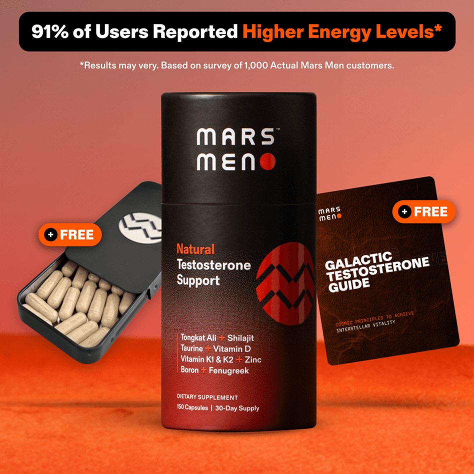 Mars Meno testosterone support bottle with pills and guide on orange background.