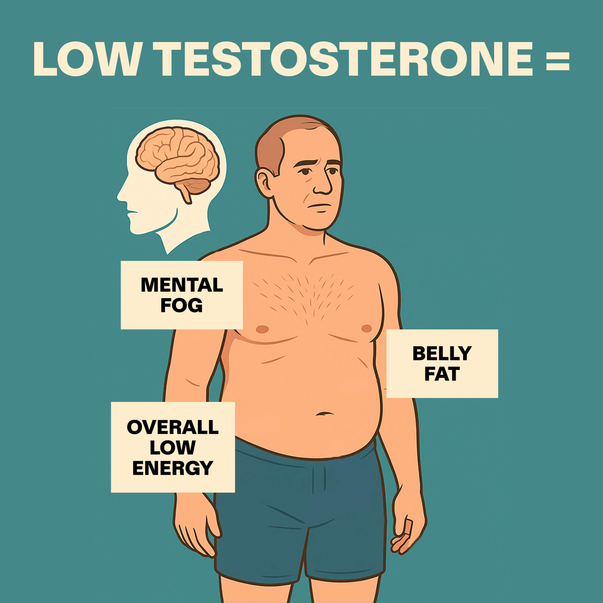 Illustration of a man with labels: mental fog, belly fat, overall low energy.