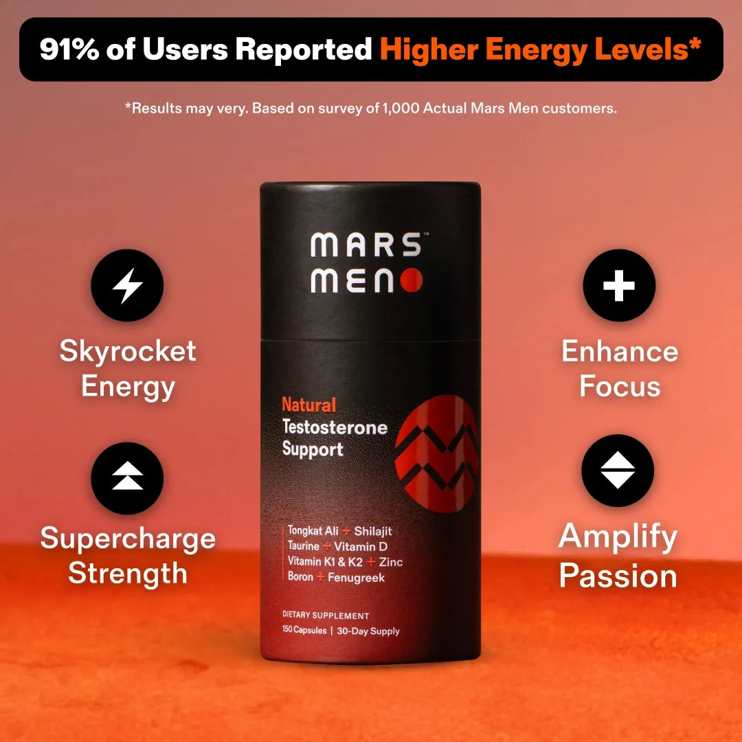 Mars Meno Natural Testosterone Support supplement with energy, focus, strength, and passion benefits highlighted.