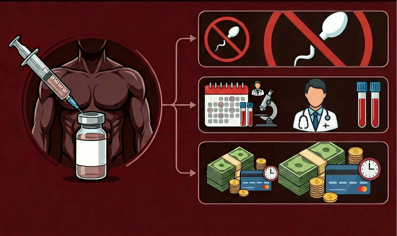 An infographic showing a male injection's effects on fertility, medical appointments, and financial costs.