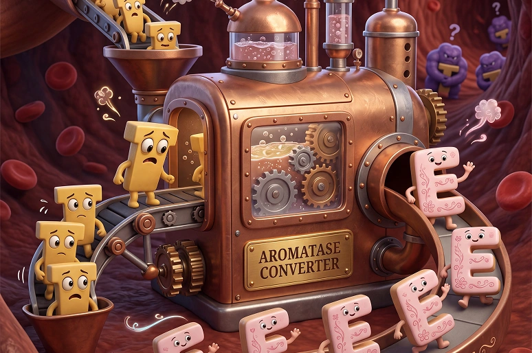 A cartoon machine labeled 'Aromatase Converter' turns sad yellow 'T's into happy pink 'E's inside a vein.