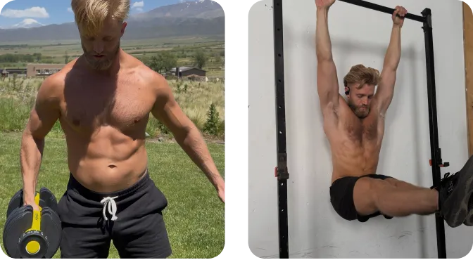 Two images of a shirtless man exercising outdoors and indoors.