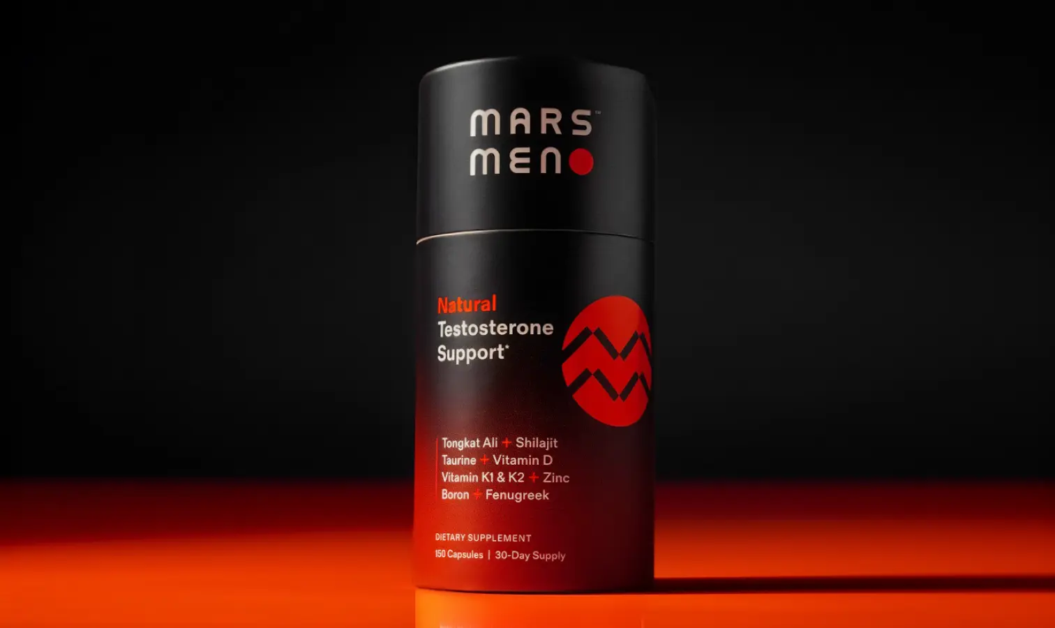 A black bottle of Mars Meno Natural Testosterone Support supplement against a dark background.