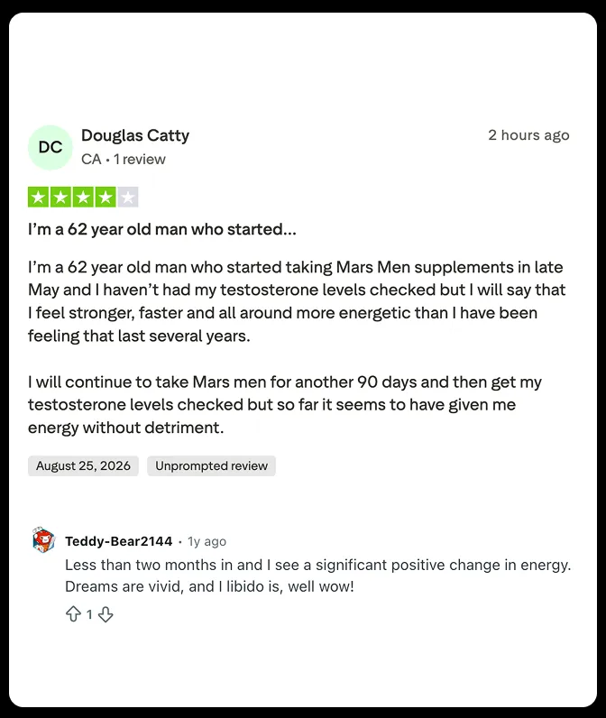 A screenshot of a positive customer review for a supplement, including a four-star rating and user comments.
