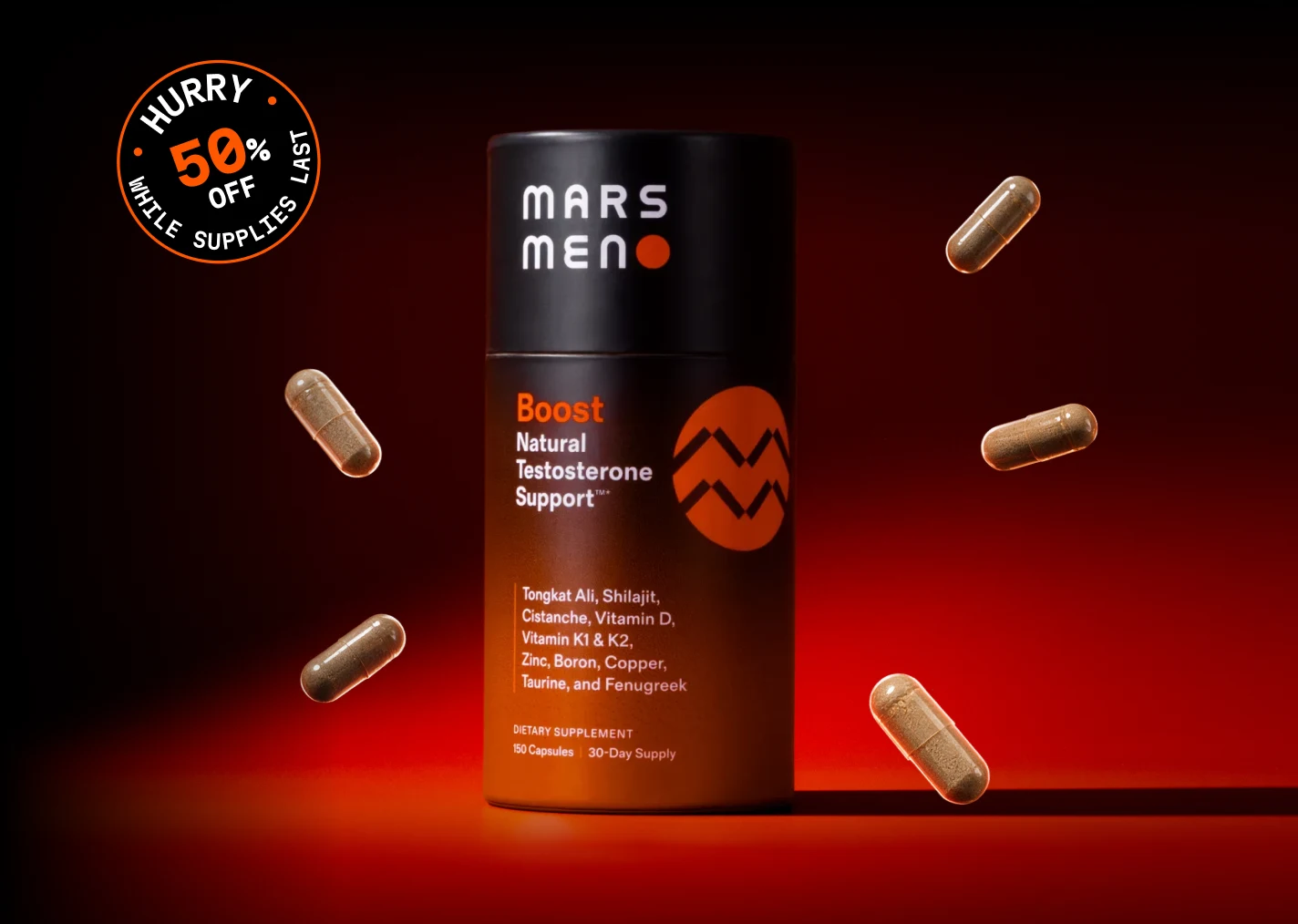 A bottle of Mars Meno Boost supplements and capsules floating in front of the planet Mars.