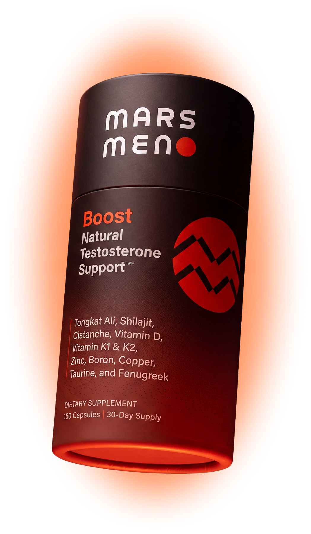 A black bottle of Mars Men Boost natural testosterone support supplement against a glowing orange background.