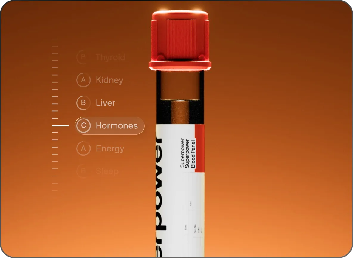 A blood vial for a 'Superpower Blood Panel' next to a digital menu with 'Hormones' selected.