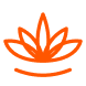 A stylized orange line drawing of a lotus flower.